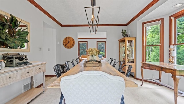 201 Clarke Rd, Buffalo Twp Wsh, PA 15323 - dining area with light colored carpet, a textured ceiling, baseboards, and ornamental molding