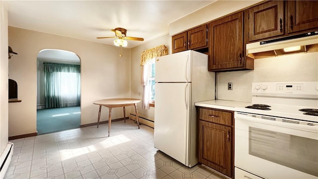 131 E Fairmont Ave, New Castle/2Nd, PA 16105 - kitchen featuring white appliances, under cabinet range hood, a baseboard heating unit, a ceiling fan, and light countertops