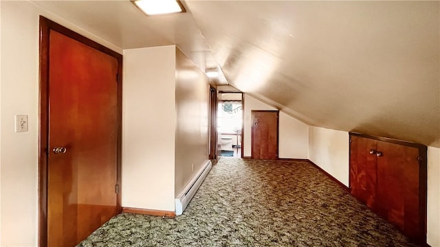 131 E Fairmont Ave, New Castle/2Nd, PA 16105 - additional living space with a baseboard radiator, carpet floors, vaulted ceiling, and baseboards