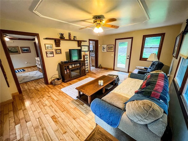 248 Jamisonville Rd, Center Twp But, PA 16001 - living room featuring a ceiling fan, attic access, baseboards, and light wood finished floors