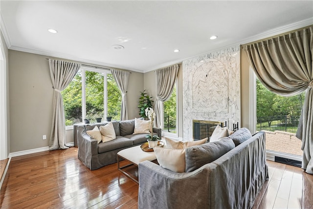 559 Normandy Ct, Fox Chapel, PA 15238 - living area with ornamental molding, wood-type flooring, baseboards, recessed lighting, and a premium fireplace