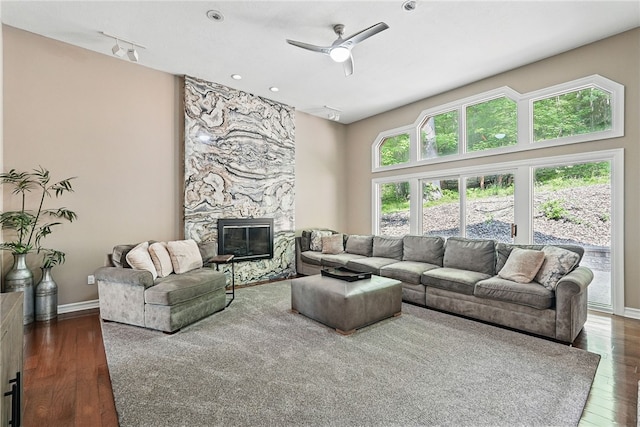 559 Normandy Ct, Fox Chapel, PA 15238 - living room with a ceiling fan, dark wood-type flooring, a fireplace, baseboards, and recessed lighting
