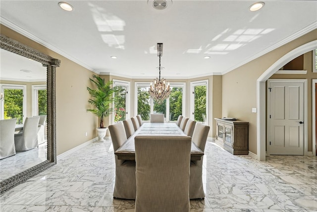 559 Normandy Ct, Fox Chapel, PA 15238 - dining space featuring light marble finish flooring, plenty of natural light, arched walkways, recessed lighting, and ornamental molding