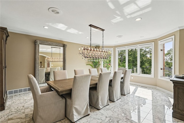 559 Normandy Ct, Fox Chapel, PA 15238 - dining space with a chandelier, crown molding, baseboards, recessed lighting, and light marble finish flooring