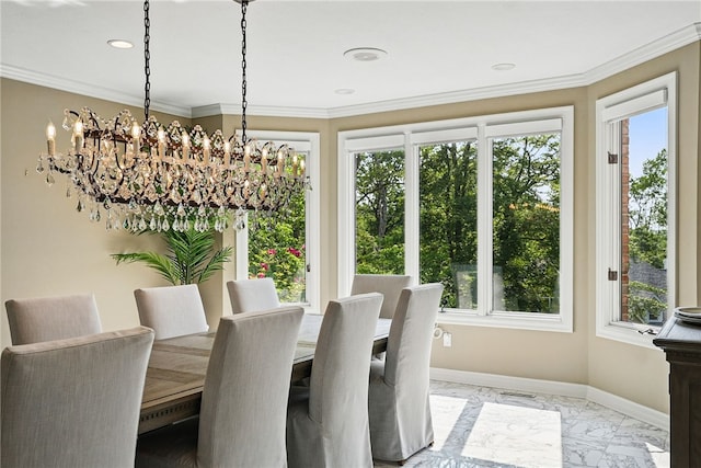 559 Normandy Ct, Fox Chapel, PA 15238 - dining space with a chandelier, light marble finish flooring, baseboards, crown molding, and recessed lighting