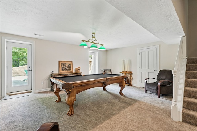559 Normandy Ct, Fox Chapel, PA 15238 - recreation room featuring carpet floors, billiards, a textured ceiling, and baseboards