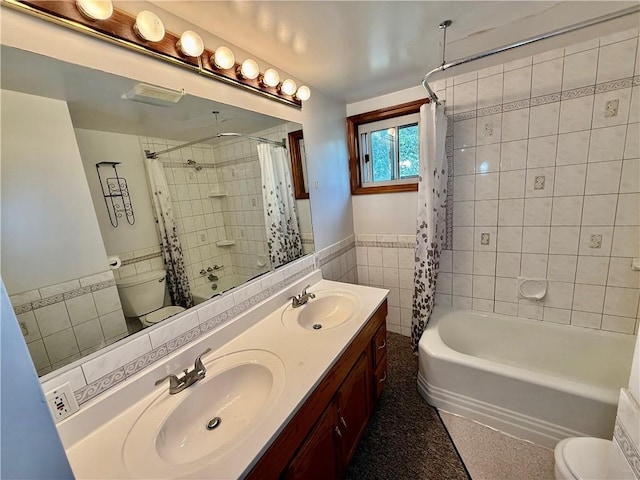 121-123 4th Ave, Scottdale, PA 15683 - full bath with toilet, shower / bath combination with curtain, double vanity, and tile walls