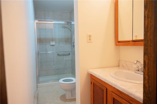 452 Cherokee Dr, Center Twp But, PA 16001 - bathroom with toilet, a stall shower, tile patterned floors, and vanity