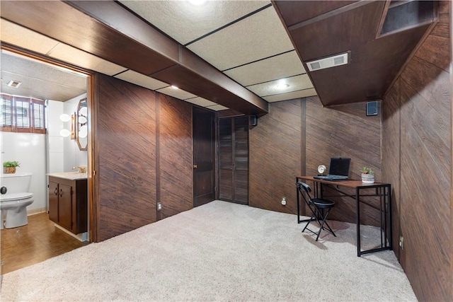 404 Neola Cir, Ross Twp, PA 15237 - home office featuring wooden walls and carpet flooring