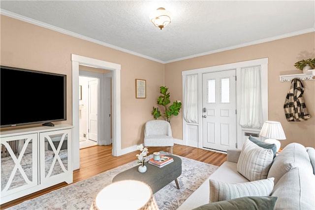 203 W Hutchinson Ave, Regent Square, PA 15218 - living room with crown molding, wood finished floors, and a textured ceiling