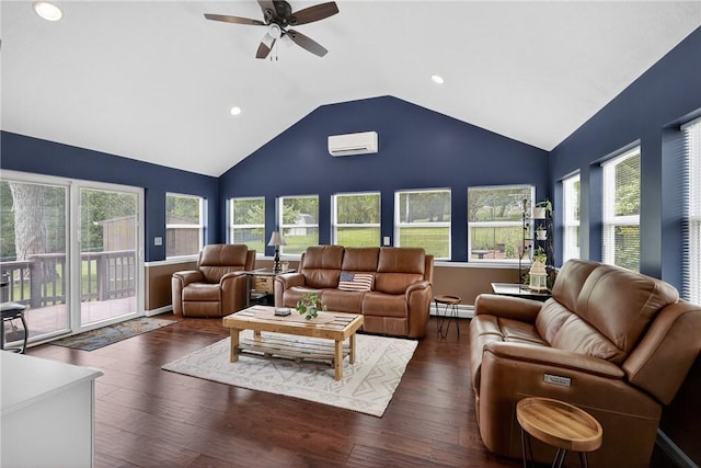 1990 Robbins Station Rd, North Huntingdon, PA 15642 - living room with a baseboard heating unit, a wall mounted air conditioner, ceiling fan, lofted ceiling, and healthy amount of natural light