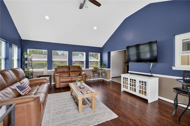 1990 Robbins Station Rd, North Huntingdon, PA 15642 - living room featuring high vaulted ceiling, healthy amount of natural light, a ceiling fan, wood finished floors, and recessed lighting