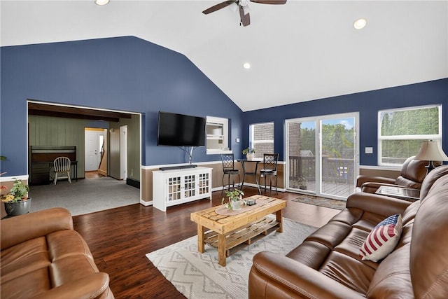 1990 Robbins Station Rd, North Huntingdon, PA 15642 - living room featuring a ceiling fan, high vaulted ceiling, recessed lighting, and wood finished floors