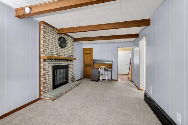 1990 Robbins Station Rd, North Huntingdon, PA 15642 - unfurnished living room with carpet flooring, beamed ceiling, a brick fireplace, and wood walls