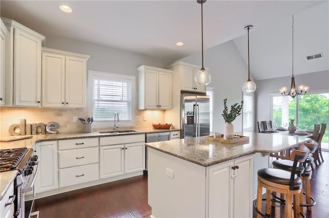 109 Summer Ln, Mount Pleasant Twp Was, PA 15057 - kitchen featuring premium appliances, healthy amount of natural light, a kitchen island, dark wood finished floors, and lofted ceiling