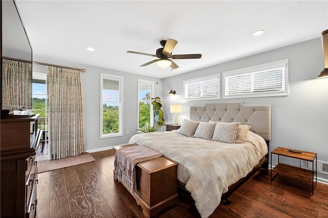 711 SE Simpson Howell, Elizabeth Twp/Boro, PA 15037 - bedroom featuring dark wood-style floors, recessed lighting, a ceiling fan, and access to exterior