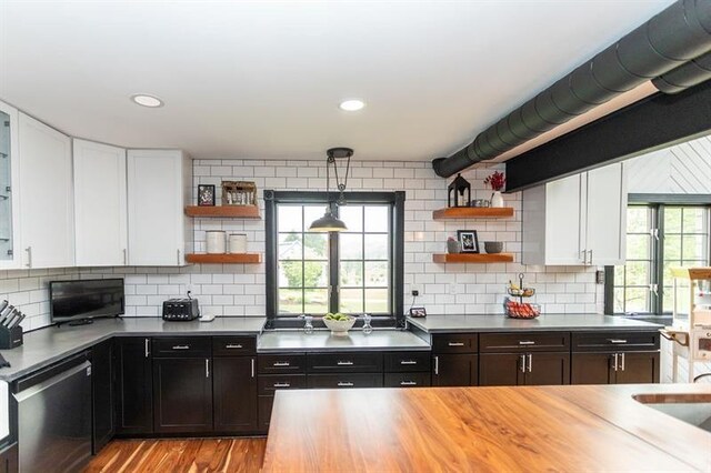 33 Chalkhill Ohiopyle Rd, Wharton Twp, PA 15470 - kitchen with open shelves, dishwasher, white cabinets, backsplash, and recessed lighting
