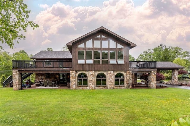 33 Chalkhill Ohiopyle Rd, Wharton Twp, PA 15470 - back of property with a deck, a yard, a patio area, stone siding, and stairway