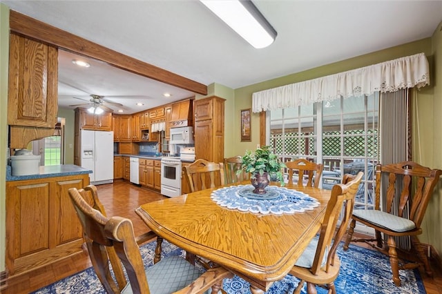 137 Painter Rd, Rayburn Twp, PA 16259 - dining area featuring recessed lighting, a ceiling fan, and beam ceiling
