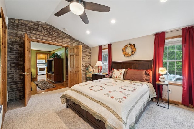 137 Painter Rd, Rayburn Twp, PA 16259 - bedroom with brick wall, vaulted ceiling, carpet, and ceiling fan