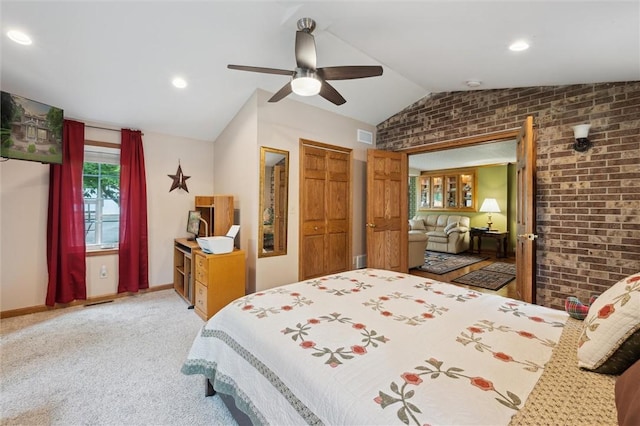 137 Painter Rd, Rayburn Twp, PA 16259 - bedroom featuring lofted ceiling, brick wall, ceiling fan, carpet floors, and recessed lighting