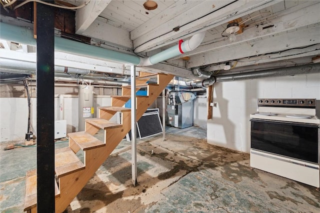 137 Painter Rd, Rayburn Twp, PA 16259 - unfinished below grade area with electric water heater, heating unit, and stairs