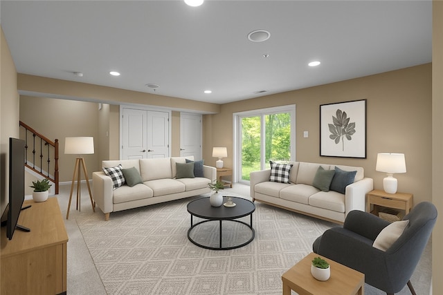 118 Maple Ridge Dr, Cecil, PA 15317 - living area featuring light colored carpet, stairs, and recessed lighting