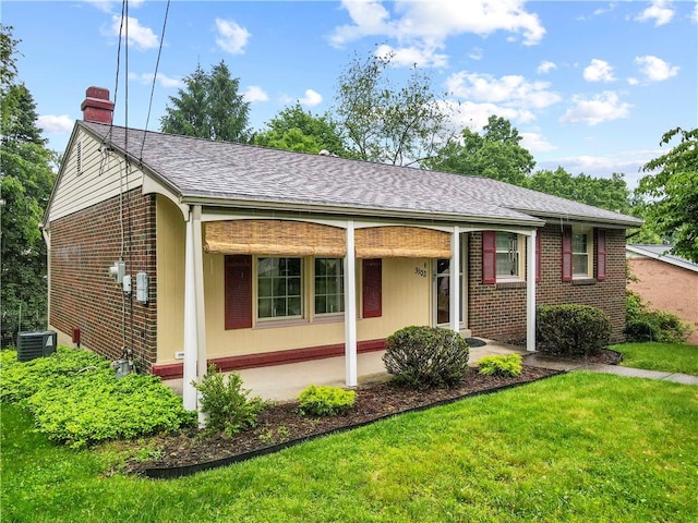 3102 Albine Dr, Shaler, PA 15116 - ranch-style home with a front yard, a chimney, brick siding, and a shingled roof