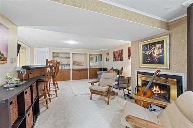 3102 Albine Dr, Shaler, PA 15116 - carpeted living room with a warm lit fireplace and ornamental molding