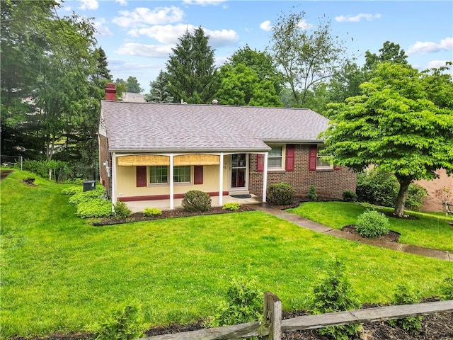 3102 Albine Dr, Shaler, PA 15116 - ranch-style house with a porch, a front lawn, a shingled roof, a chimney, and brick siding