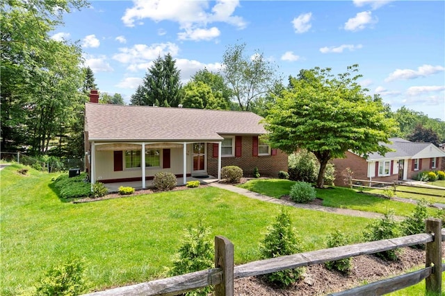 3102 Albine Dr, Shaler, PA 15116 - ranch-style home featuring covered porch, a chimney, brick siding, and roof with shingles