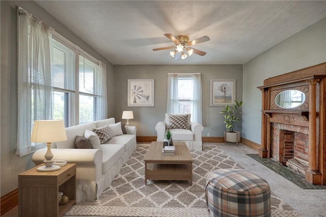 1457 Orator St, Crafton Heights, PA 15204 - living area featuring a ceiling fan, a fireplace with flush hearth, and carpet floors