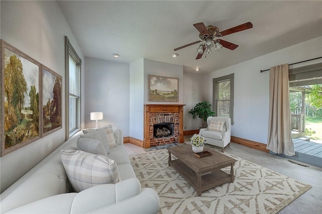 1457 Orator St, Crafton Heights, PA 15204 - carpeted living area with a ceiling fan, a brick fireplace, and recessed lighting