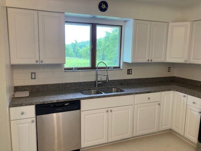 1014 State Rd, Monessen, PA 15062 - kitchen with dishwasher, white cabinetry, and decorative backsplash