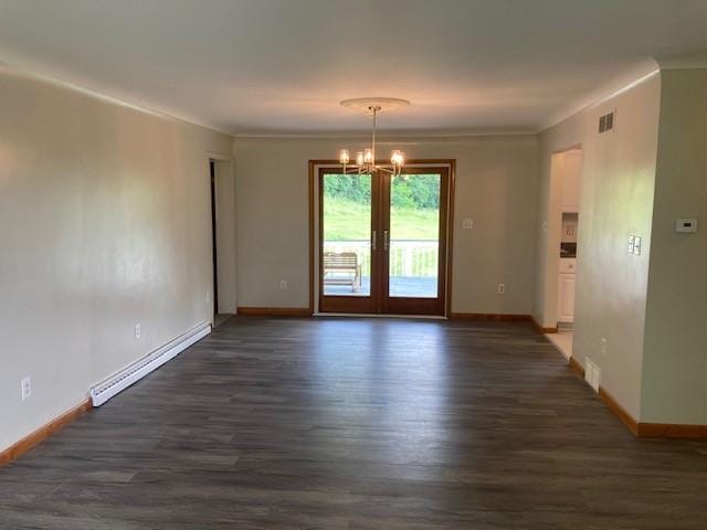 1014 State Rd, Monessen, PA 15062 - empty room with a chandelier, dark wood-style floors, crown molding, and a baseboard heating unit
