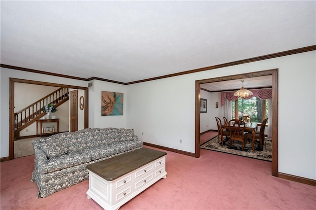 109 Old Hickory Ln, Pine Twp Mer, PA 16127 - living area featuring a chandelier, light colored carpet, stairs, and crown molding