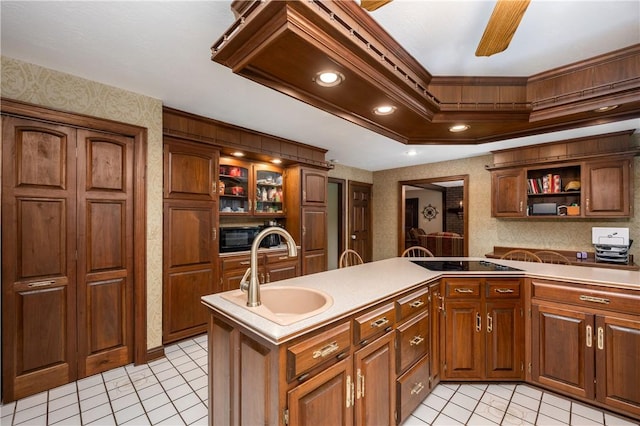 109 Old Hickory Ln, Pine Twp Mer, PA 16127 - kitchen featuring light tile patterned floors, open shelves, black electric cooktop, ornamental molding, and ceiling fan