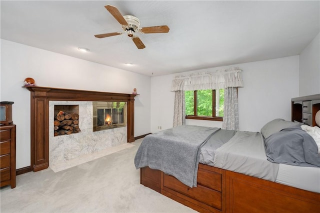109 Old Hickory Ln, Pine Twp Mer, PA 16127 - bedroom with light colored carpet, ceiling fan, and a high end fireplace