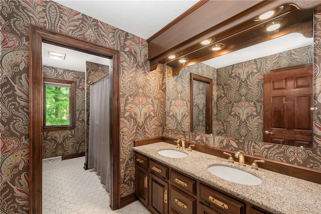 109 Old Hickory Ln, Pine Twp Mer, PA 16127 - bathroom with wallpapered walls and double vanity