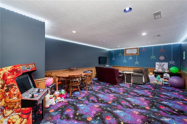 109 Old Hickory Ln, Pine Twp Mer, PA 16127 - rec room with a wainscoted wall, carpet floors, a textured ceiling, and recessed lighting