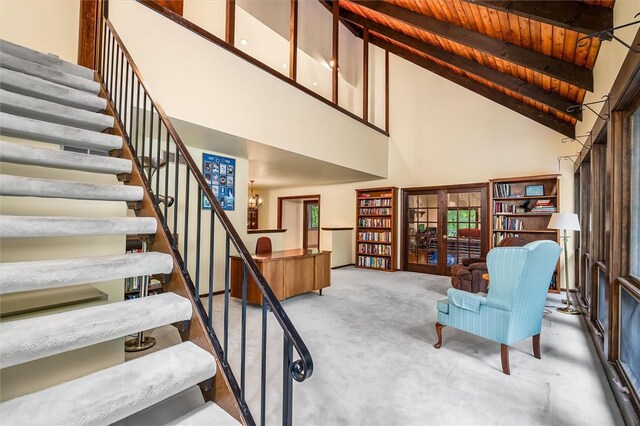 124 Oak Ln, Adams Twp, PA 16046 - staircase featuring high vaulted ceiling, carpet, and beam ceiling