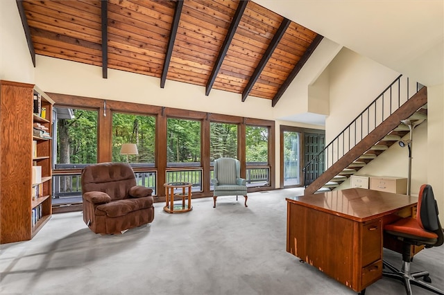 124 Oak Ln, Adams Twp, PA 16046 - carpeted home office featuring a wood ceiling with exposed beams and high vaulted ceiling