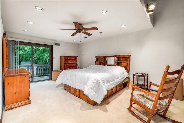 124 Oak Ln, Adams Twp, PA 16046 - bedroom with access to outside, recessed lighting, light colored carpet, and a ceiling fan