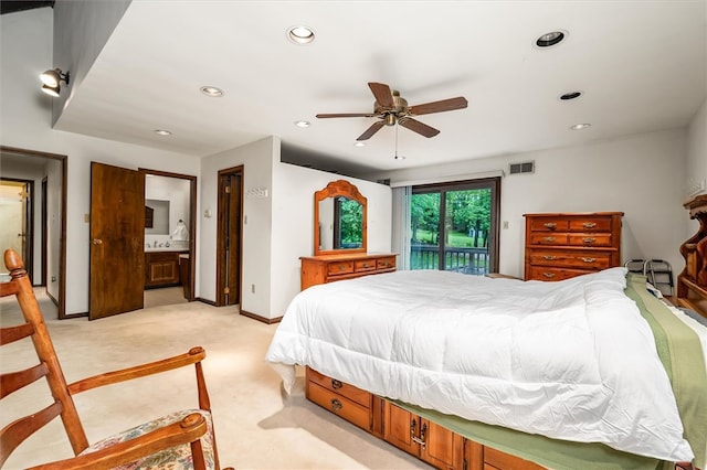 124 Oak Ln, Adams Twp, PA 16046 - bedroom featuring recessed lighting, light carpet, ensuite bath, access to exterior, and ceiling fan