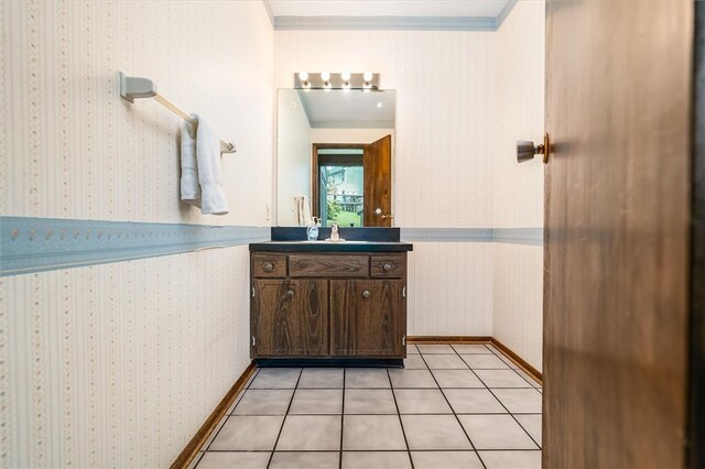124 Oak Ln, Adams Twp, PA 16046 - bathroom with wallpapered walls, vanity, crown molding, and tile patterned flooring