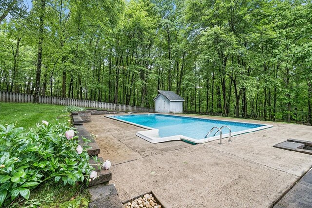 124 Oak Ln, Adams Twp, PA 16046 - swimming pool featuring a storage unit, a patio area, a fenced backyard, and a forest view