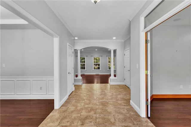 360 Steeplechase Dr, Cranberry Twp, PA 16066 - corridor featuring ornate columns, crown molding, recessed lighting, and wood finished floors