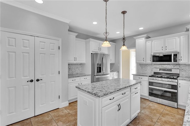 360 Steeplechase Dr, Cranberry Twp, PA 16066 - kitchen with appliances with stainless steel finishes, light tile patterned flooring, white cabinetry, backsplash, and recessed lighting