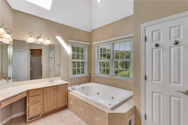 360 Steeplechase Dr, Cranberry Twp, PA 16066 - full bathroom featuring a whirlpool tub, vanity, tile patterned flooring, a shower stall, and high vaulted ceiling