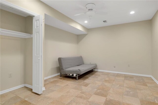 130 Sewickley Farm Cir, Marshall, PA 16046 - living area featuring stone tile flooring, ceiling fan, and recessed lighting
